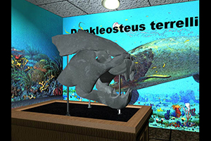 3D scene of a Dunkleosteus Terrelli Skull mounted in a room with a Devonian sea painting on the wall behind it