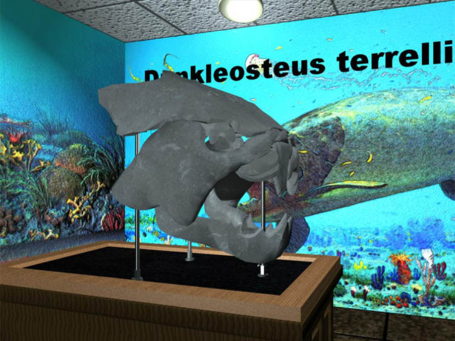 3D museum scene of Dunkleosteus Terrelli skull against a wall with Devonian sea paintings