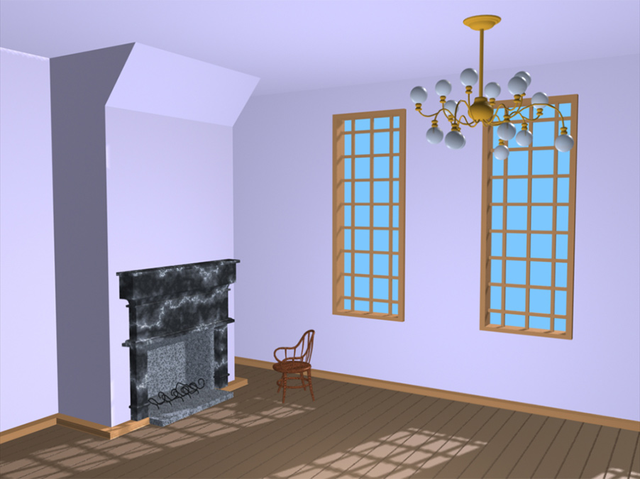 3D room with fireplace, windows, and chandelier lit for day time