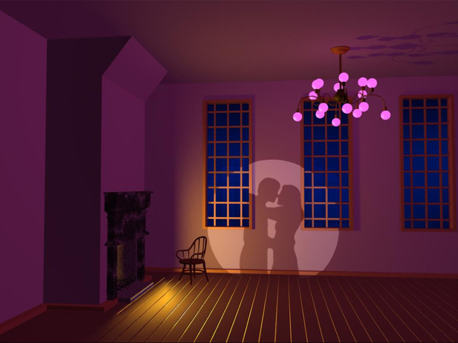 3D room lit for mood, with magenta lighting and spot light against wall with windows showing couple dancing