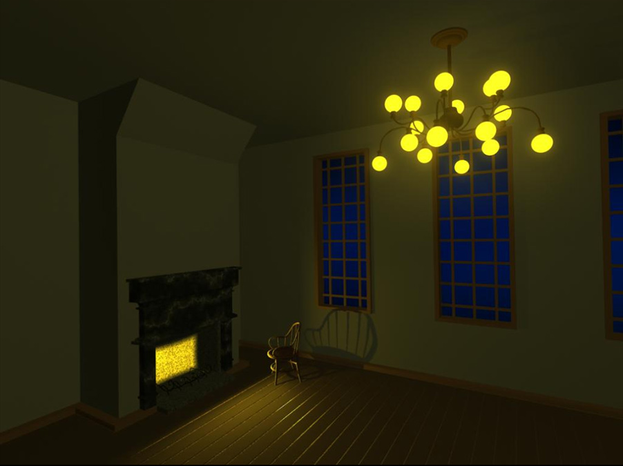 3D room lit for night time, with yellow tungsten light from chandelier and fireplace.