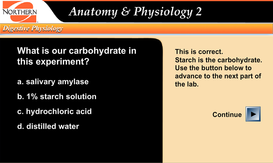 Interactive question and answer about the type of carbohydrate being used in the experiment. The answer is starch.