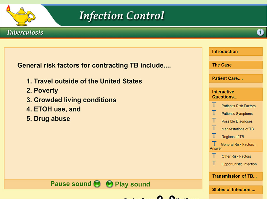 scene answering the question about what the general risk factors for TB are.