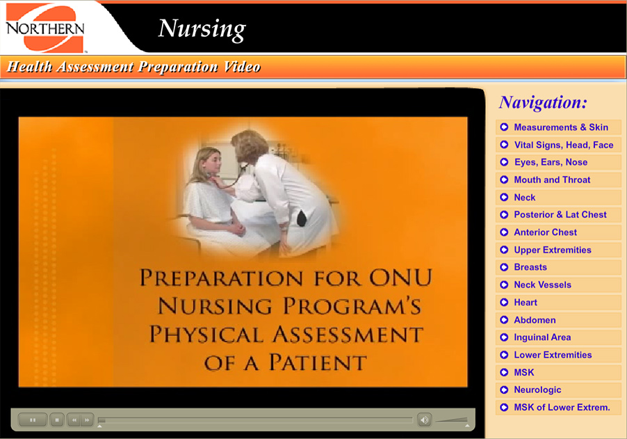 Nurse using stethescope on neck of patient to hear the carotid pulse, home screen of preparation guide with menu.