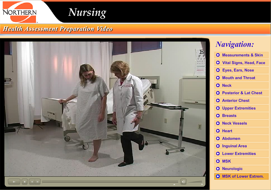 nurse showing patient how to stand on one leg to obeserve balance and coordination