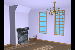 3D room with fireplace, window and chandelier lit for daylight