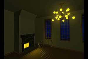 3D room with fireplace, window and chandelier lit for night