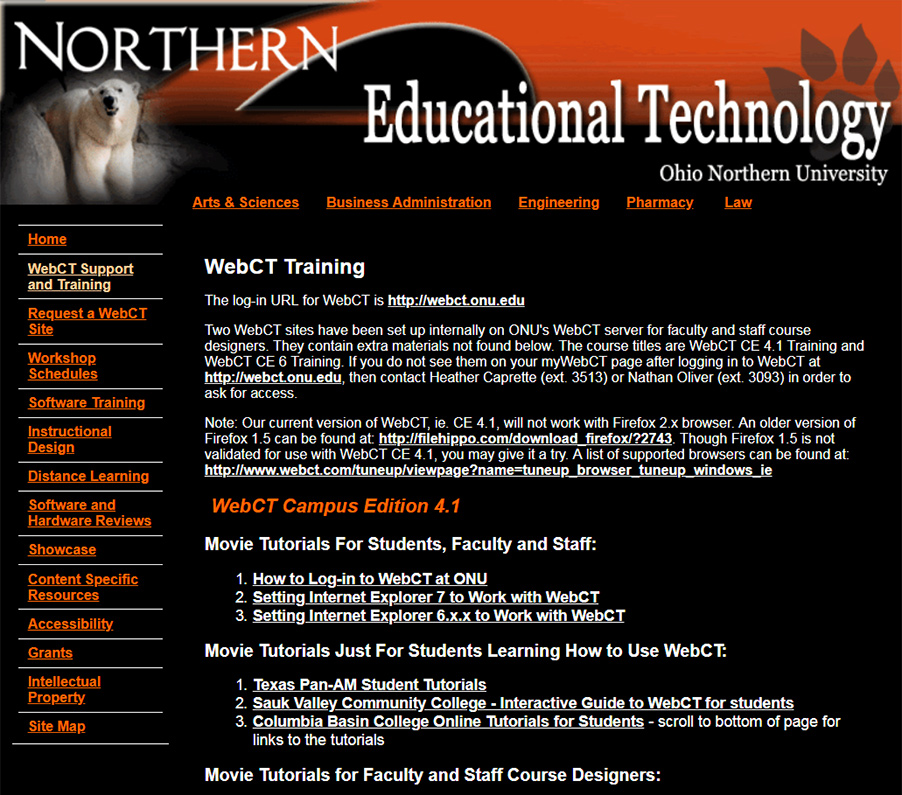 ONU Educational Technology Site WebCT Training page
