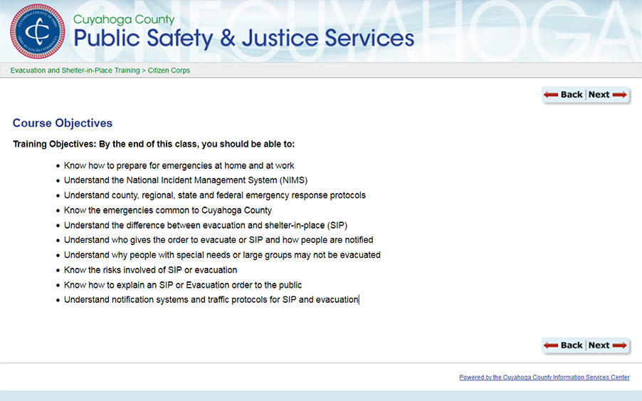 Learning objectives page of the Citizen Corps training site.