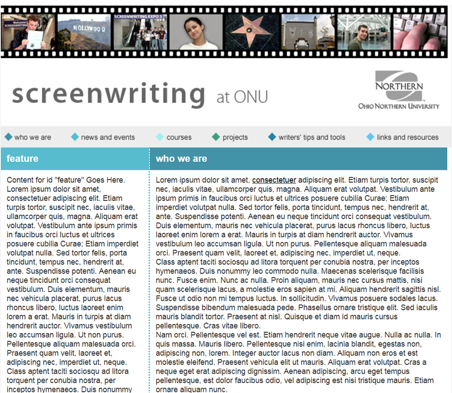 Basic Web Design for an ONU Screen Writing Class Website